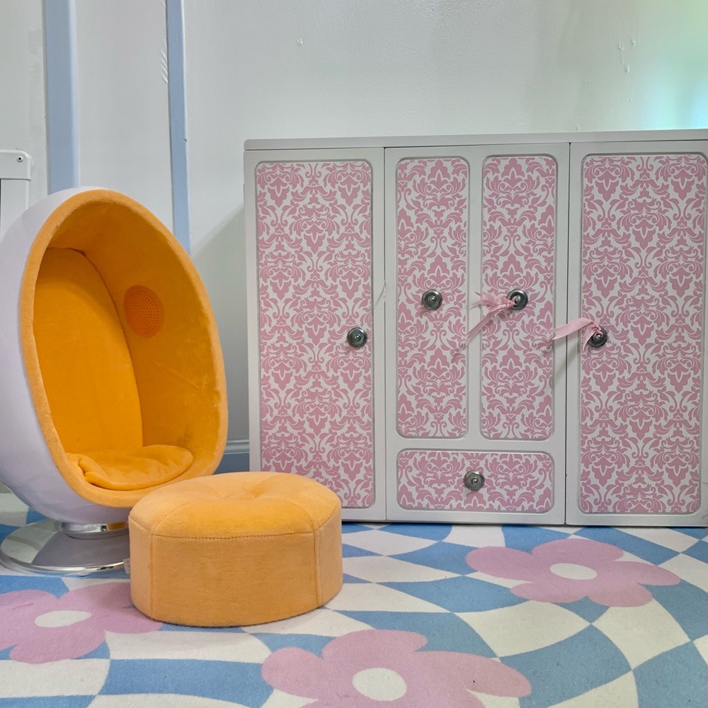 American Girl BATT Wood Doll Wardrobe Closet, Egg Chair W/Ottoman & Many Outfits